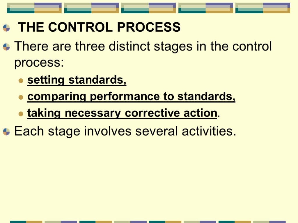 THE CONTROL PROCESS There are three distinct stages in the control process: setting standards,